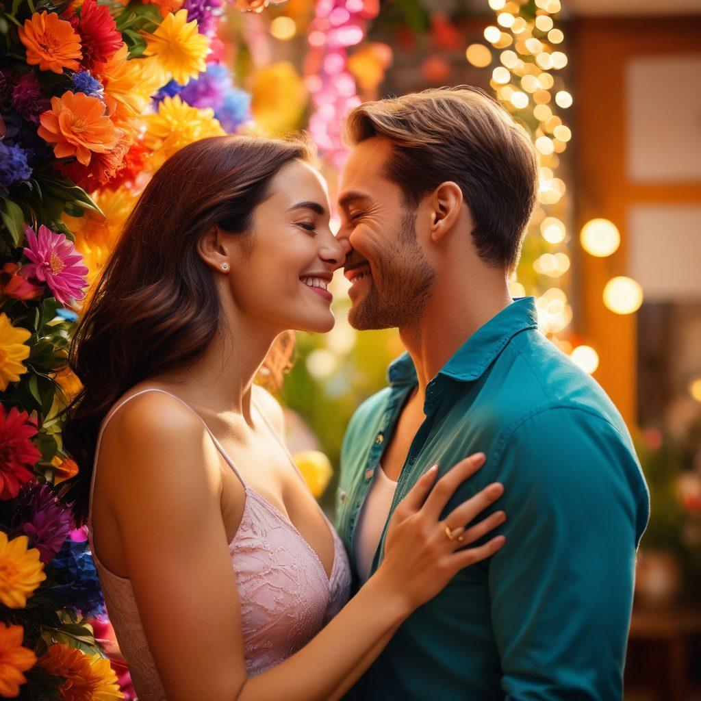A joyful couple sharing a playful moment in a colorful, intimate setting, surrounded by soft lighting and vibrant decorations that evoke warmth and happiness. Their expressions are filled with laughter and affection, emphasizing the positive and liberating aspect of adult films. Include elements of nature like flowers and sunlight to add a fresh vibe, blending artistry with intimacy. vibrant colors. soft focus. 3D.