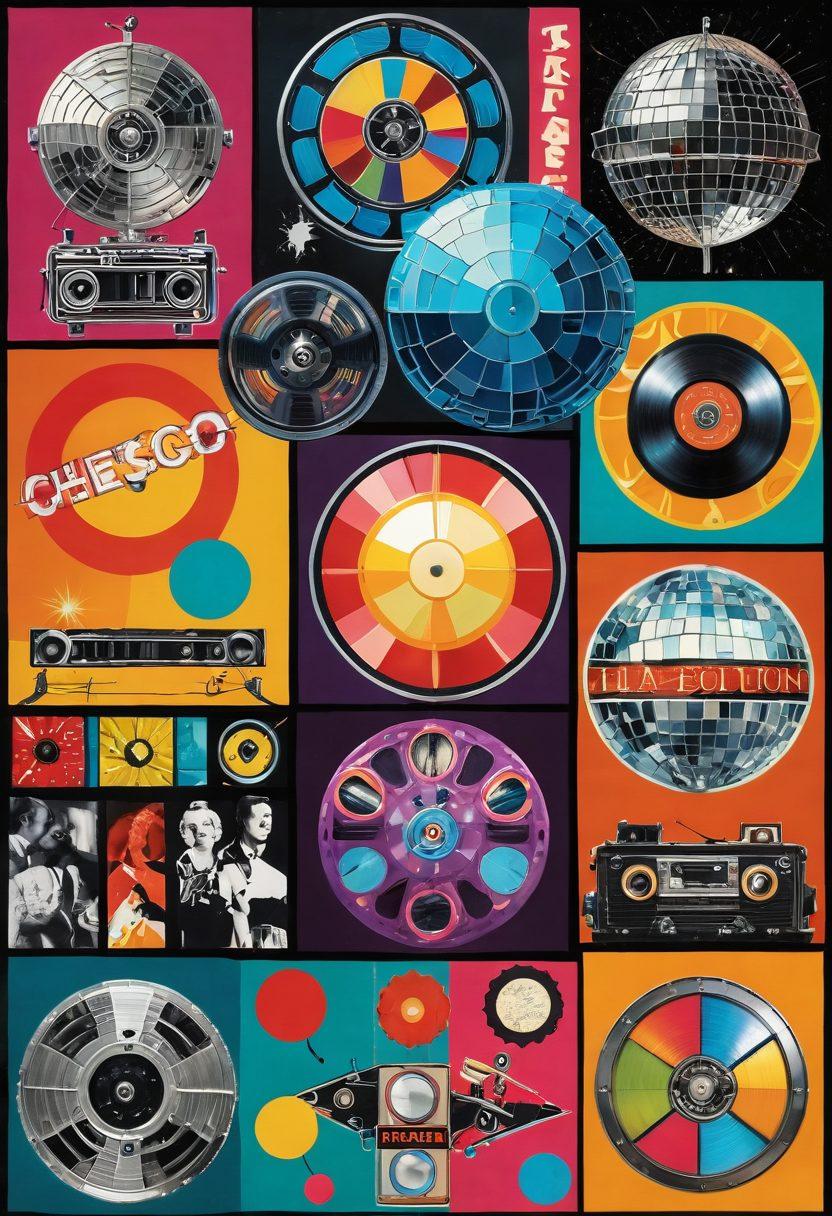 A vibrant and lively collage depicting the transformation of pleasure-focused entertainment through the ages, featuring vintage film reels, a disco ball, and modern streaming symbols interwoven with playful imagery of laughter and joy. Bright colors to symbolize cheerfulness and evolution from darker taboo themes to light-hearted entertainment. Artistic style blends realism with a whimsical touch. vibrant colors. collage art.