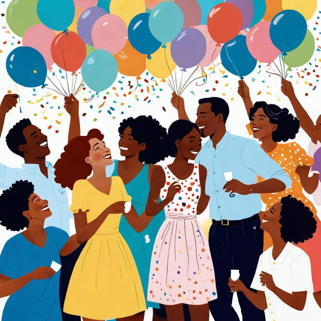 A whimsical yet elegant illustration that depicts a diverse group of adults joyfully engaging in intimate moments, surrounded by playful, uplifting elements like balloons and confetti. The setting is bright and inviting, symbolizing the rise of cheerful adult content. Soft pastels and vibrant pops of color enhance the sense of joy and connection. Incorporate elements of laughter and warmth to capture the essence of intimacy. cartoon style. vibrant colors. cheerful atmosphere.